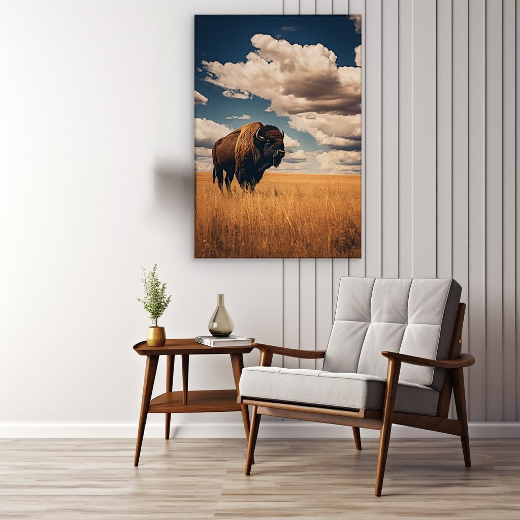 Canvas for Living room. Endless Prairie Majesty: Encountering the Lone Bison Under a Boundless Sky, 27 x 18 inch Canvas Wall Art - Surrealistic Visions - Modern Home Decor