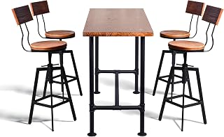 LOKKHAN 5-Piece Table & Chairs Set for Home Dining Breakfast Office Cafe Pub Bar Party Bistro, Rectangular Table for 4-6, 4 Swivel Adjustable Stools, Heavy Duty Metal & Wood, Rustic Industrial