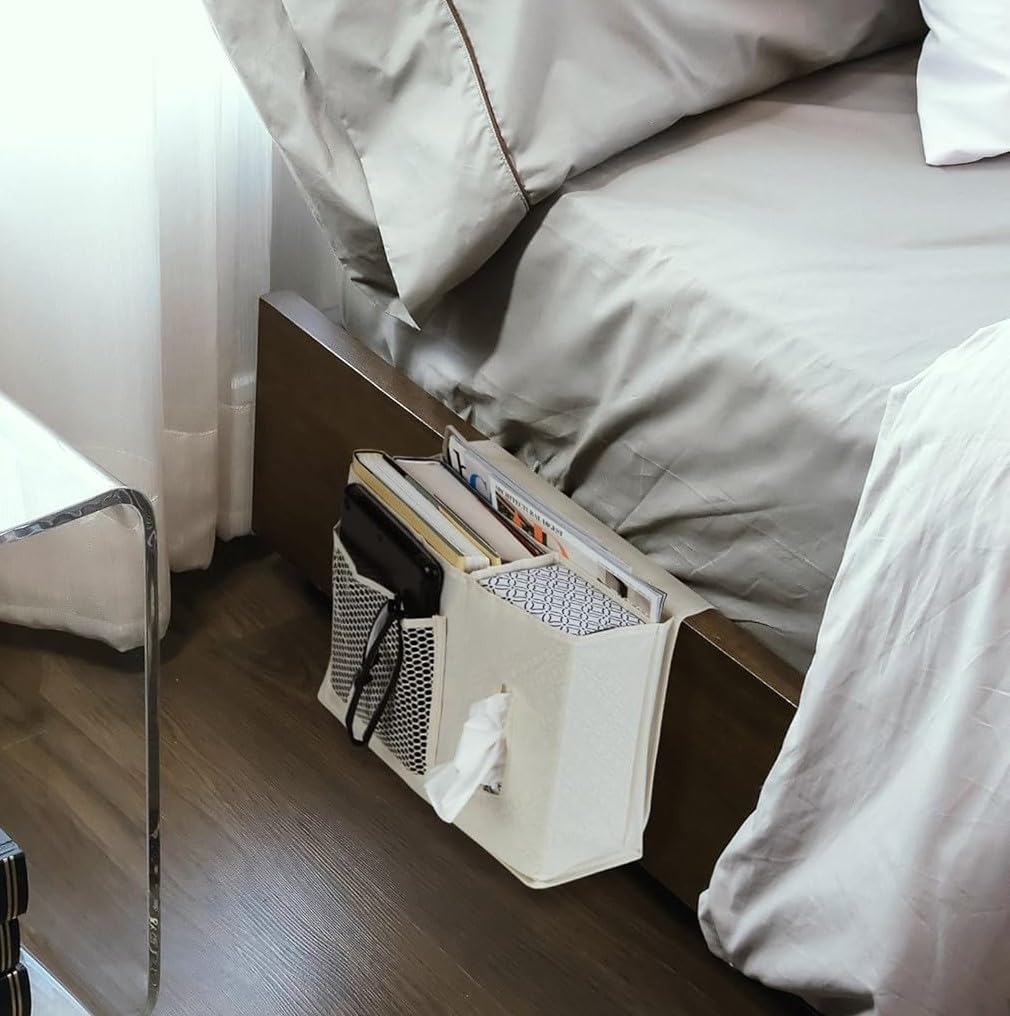 Dependable Industries inc. Essentials 7-Pocket Bedside Caddy Organizer – Multi-Pocket Bed Storage for Remotes, Phone, Glasses, Tissues, and Magazines – Durable, Waterproof, and Easy-to-Install