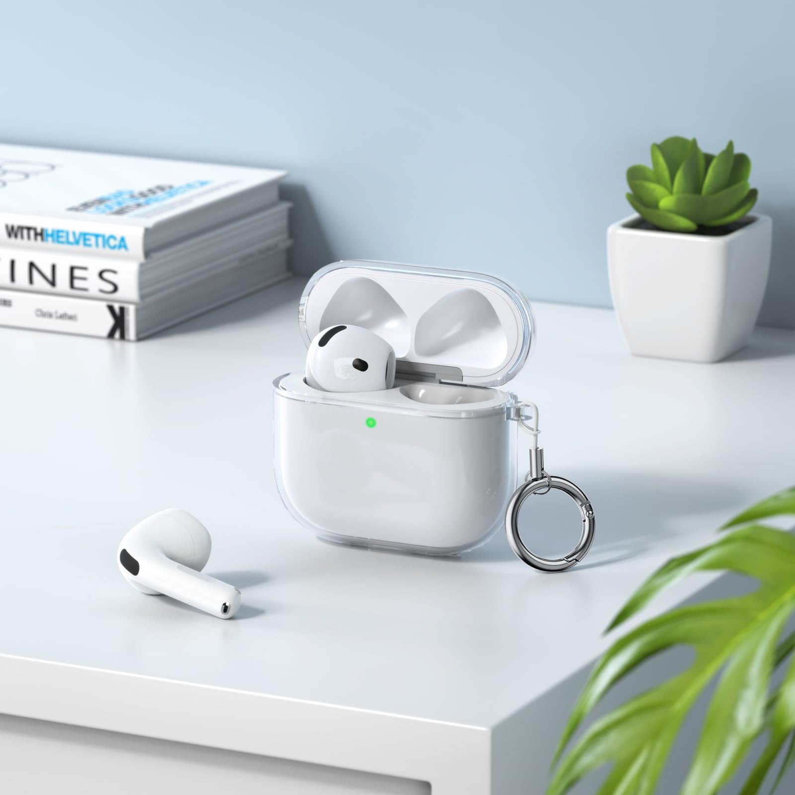 Coque Silicone AirPods 4 2024 Anti-Choc Transparent avec LED Visible, Kit Nettoyage, Porte-clés et Cordon