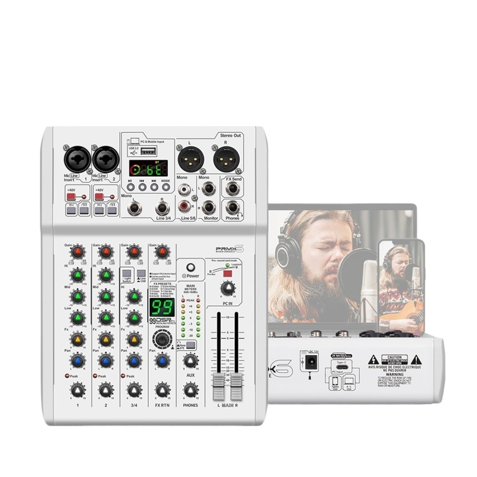 Mixer DJ Console 99 Effetti DSP Mixing Console PRMX-6 Con 5.0 BT 24bit/192k for Registrazione Strumenti Musicali,Ultra-preciso