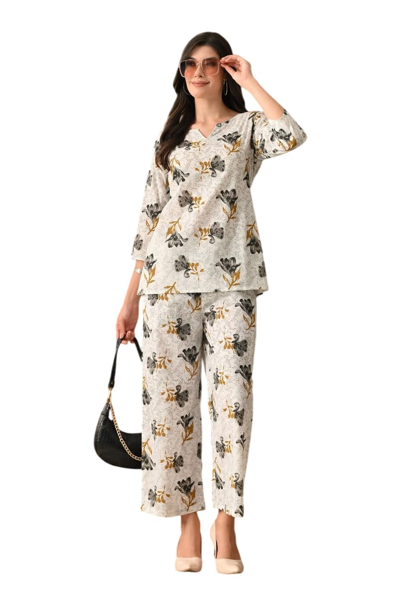 Rangvika Women's Cotton Floral Printed V-Neck Night Suit Set of Top & Pyjama Night wear Dress (Grey)-picture-53