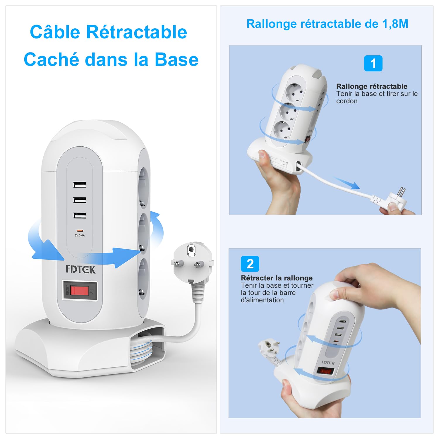 FDTEK 9 Prises Tour Multiprise avec Interrupteur avec 3 USB-A et 1 USB C | Prise Multiple Tour de Protection Contre Les Surcharges, Tour Prise avec Rétractable Cordon de 1,8M, Multiprise pour Maison