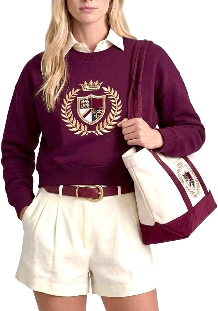 Matching 4-Pcs Gift Set: Cotton Cropped Loose Pullover, Canvas Tote, 18K Plated Necklace, Doll Bag Charm Outfit (No Doll)