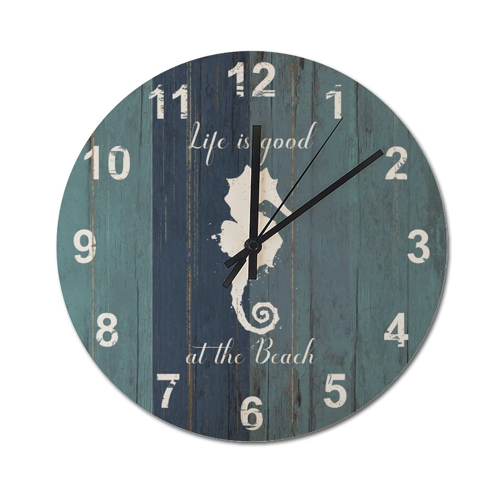 Horloge murale nautique plage en grain de bois rustique 38cm, décoration d'intérieur silencieuse