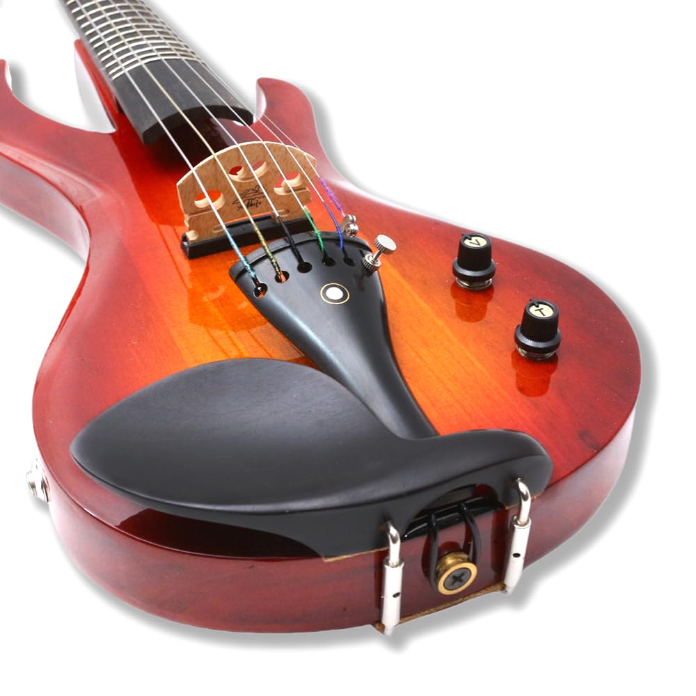 Violino Elettrico in Legno massello 4/4, Stile Chitarra, Rosso-Arancio, con Tasti per Principianti e Professionisti, Include Custodia e Accessori (01) (1)