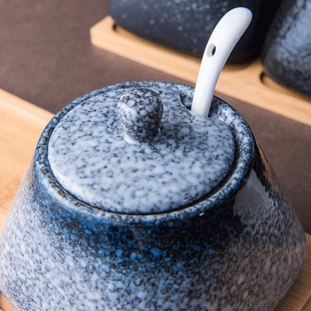 Ceramics Seasoning Pot| Hand- Painted Spice Jar with Lids, Porcelain Serving Spoon- Vintage Kitchen Tools Ceramics Condiment Jar Spice Container Used (Blue)