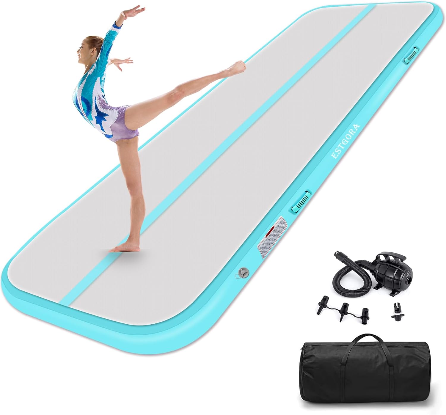 Estgora Gymnastics Mat For Tumbling 20ft 16ft 13ft 10ft 6.6ft Tumble Track 4/8 Inch Thick Inflatable Gymnastic Training Equipment For kids At Home Gym Cheerleading with Electric Pump Mint Green 20ft × 3.3ft × 4inch