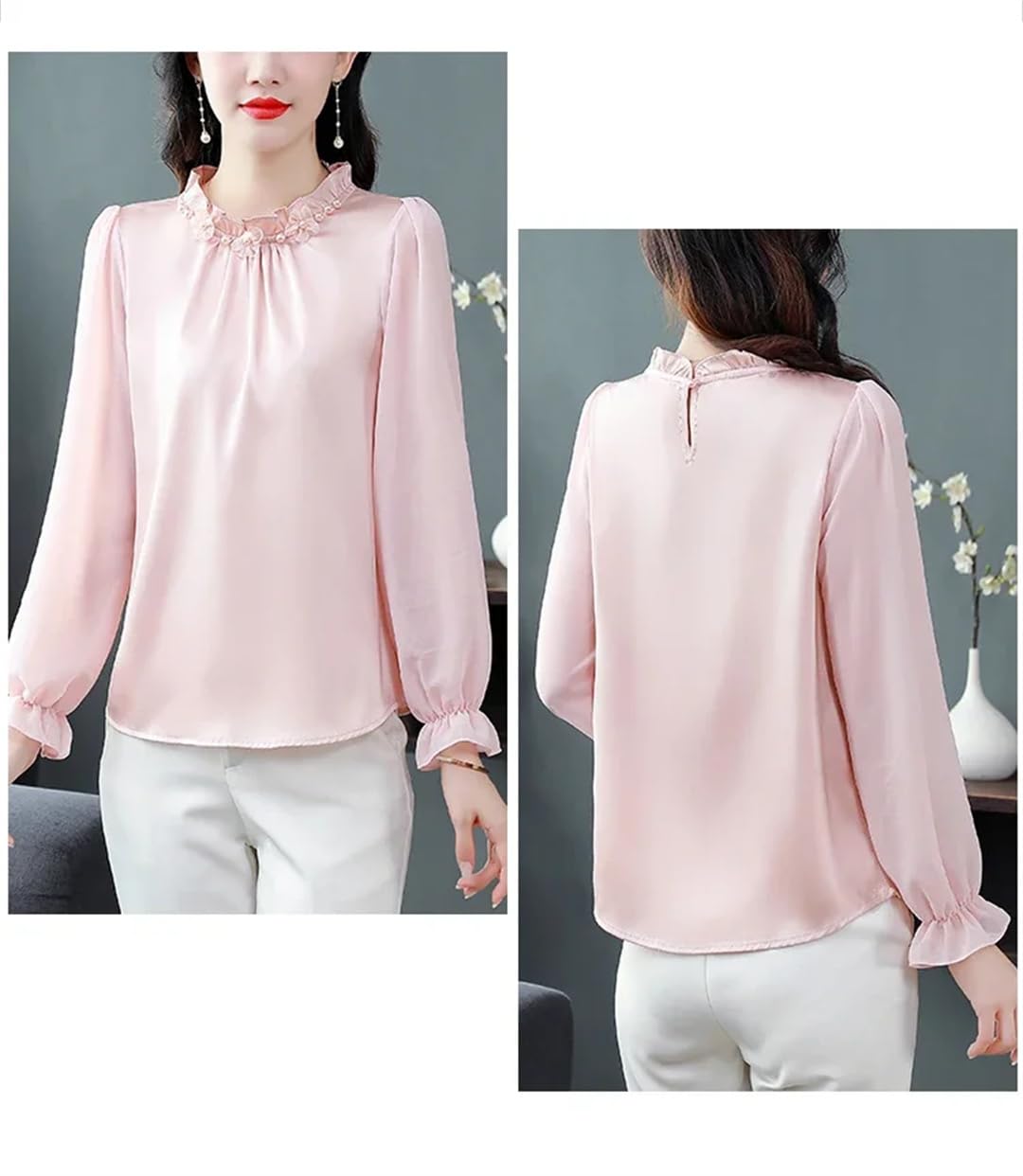 Camisas de gasa para mujer, blusas sueltas de color liso, cuello redondo, ropa de mujer de manga larga