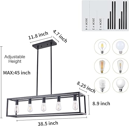 Miniatura 5 de Lámparas de cocina para comedor, lámparas rectangulares de granja para comedores, lámpara colgante industrial de 5 luces color negro mate