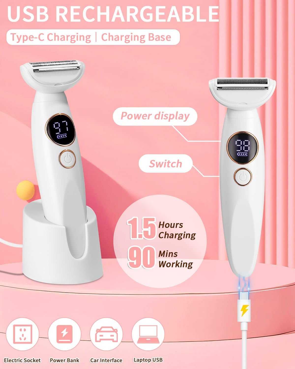 Rasoir Electrique Femme, 5 en 1 Tondeuse Femme Intime, Rasoir Femme Electrique avec Station de USB Rechargeable, Tondeuse Maillot Femme, pour Le Corps, Les Aisselles, Le Bikini, Les Sourcils et Le Nez