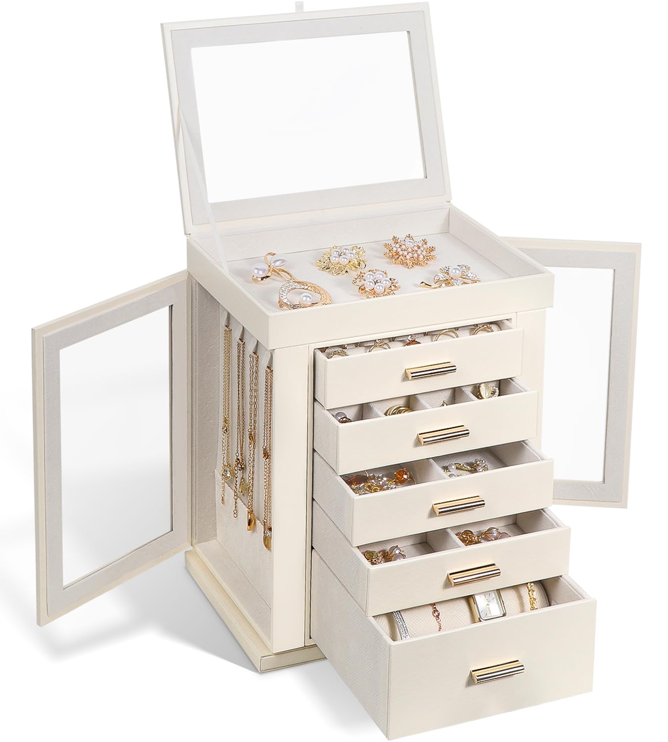 Schmuckkästchen 360° drehbar, 6 Ebenen Schmuckschatulle, Groß Schmuckkasten für Damen, Glasfenster, offenes Design, Schmuckaufbewahrung für Ringe Ohrringe Halskette Geschenkbox für Mädchen Frauen