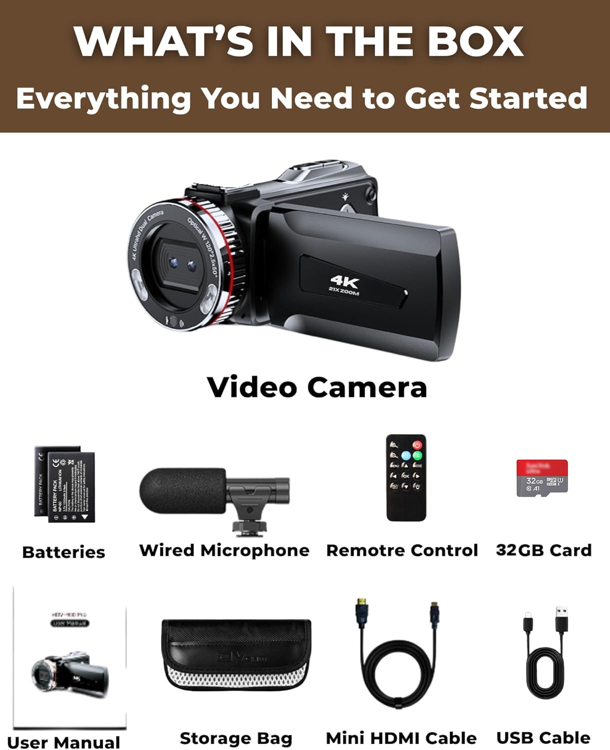 Videocamera 4K 48MP Camcorder con Zoom Digitale 21X, Video Camera con Microfono Esterno, Cavo HDMI, Telecomando, 2 Batterie, Scheda TF da 32 GB, Schermo da 3,0" 270° per Vlogging Camera per YouTube