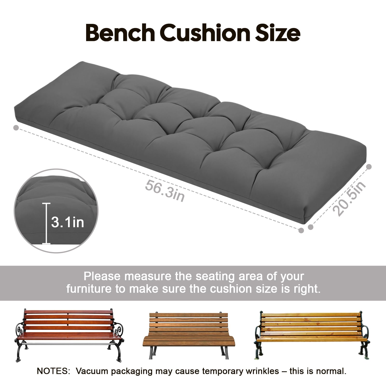 PRIMEPATIO Outdoor Garden Bench Cushion, 8cm Thick Tufted Waterproof Long Bench Seat Pad with Ties, Replacement Cushion for Patio, Lawn & 3 Seater Loveseat Furniture, 143x52cm, Dark Grey — view 2