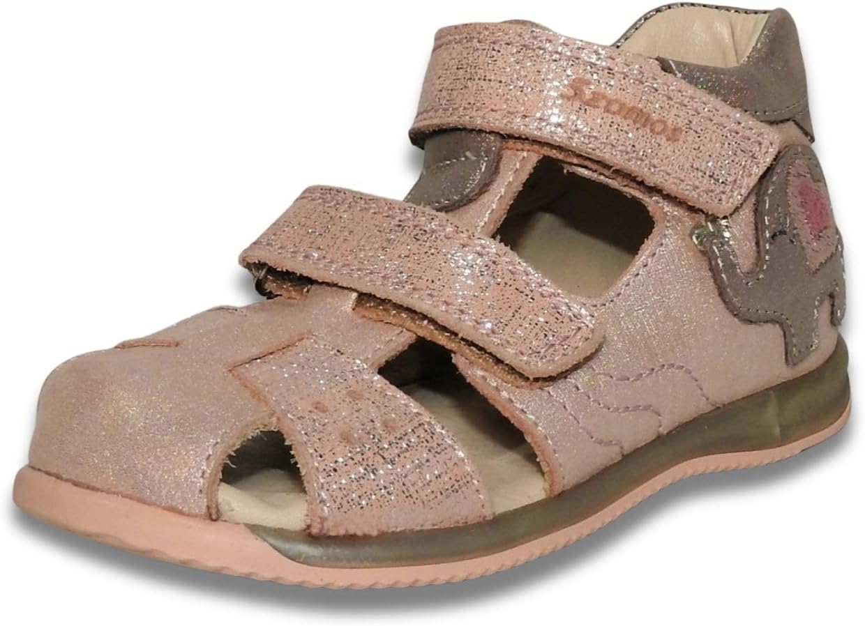 Kids Girls' Closed-Toe Sandals – Genuine Leather, Ergonomic Sole, Adjustable Hook & Loop Straps, Pink/Silver with Elephant Design