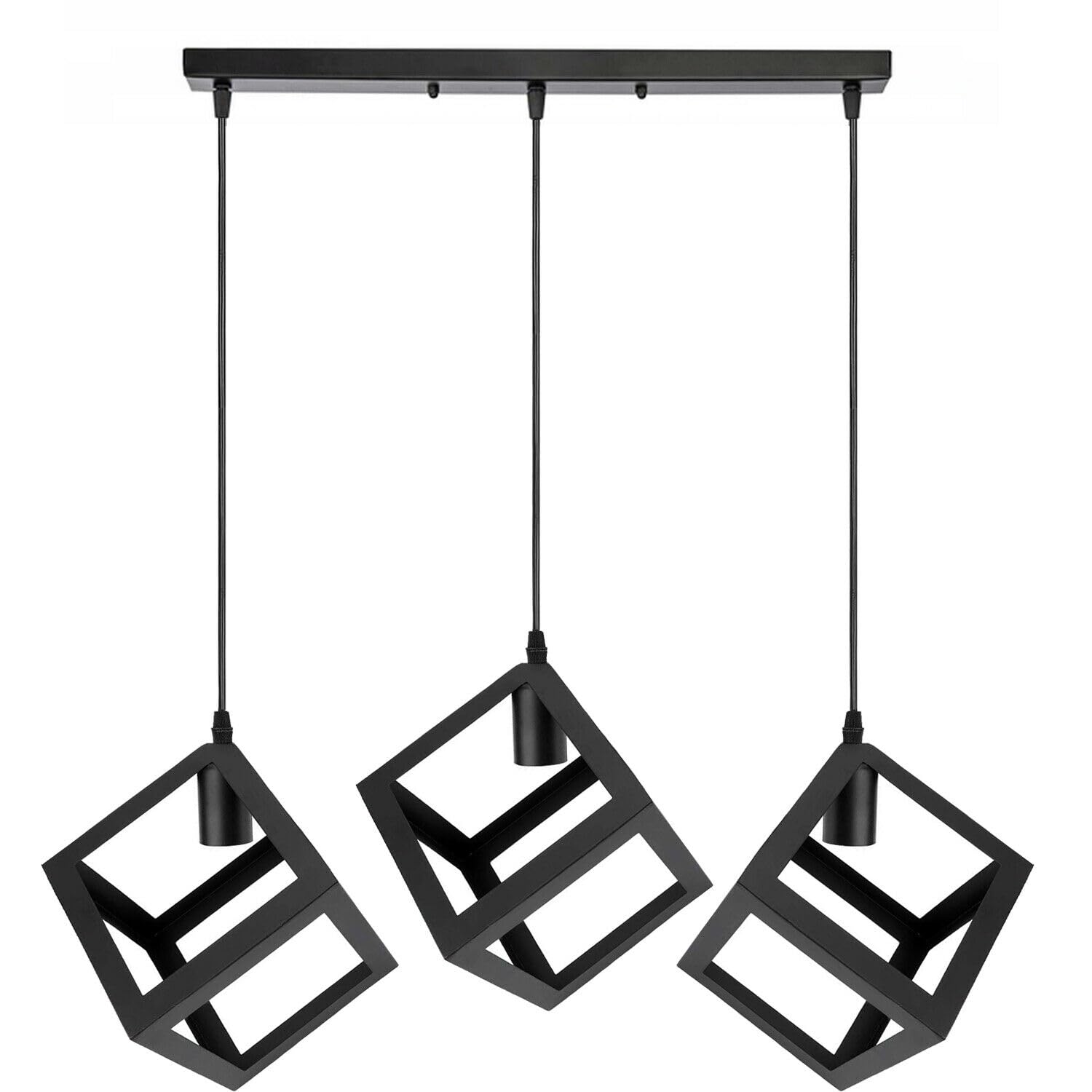 DC VOLTAGE Modern 3 Head Pendant Light Square Frame Lamp Shade Hanging Ceiling Light Fitting with 95 cm Adjustable Cable E27 Easy Fit for Kitchen Restaurant Bar Balcony Living Room Studio Office