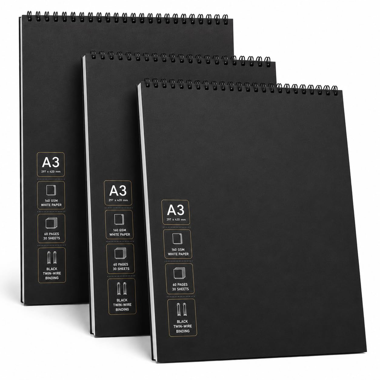 A3 Sketchbook Pack of 3, Spiral Bound Drawing Pads, 160 GSM Premium White Paper, 30 Sheets (60 Pages) Each, Soft Cover with Grey Backing Board for Sketching, Drawing & Art
