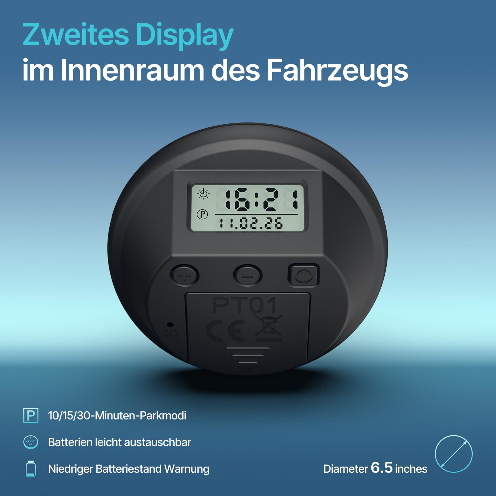 PT01 – Disque de Stationnement Électronique Certifié Zone Bleue pour Voiture, Disque Stationnement Automatique, Horloge Digitale avec Double Écran et Mode Nuit (Noir)