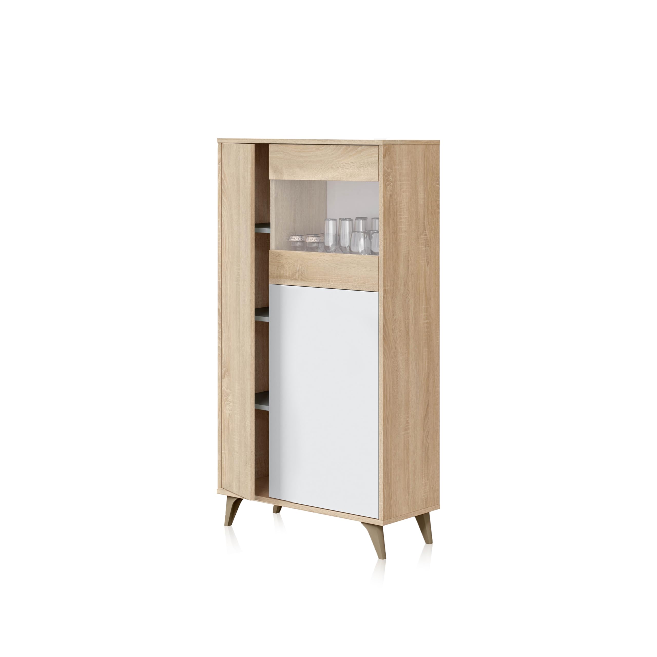 duehome | Vitrina con 3 Puertas, Bueffet para salón, Modelo Lira, Acabado en Blanco Artik y Roble Canadian, Medidas: 77 cm (Ancho) x 142 cm (Alto) x 33 cm (Fondo)