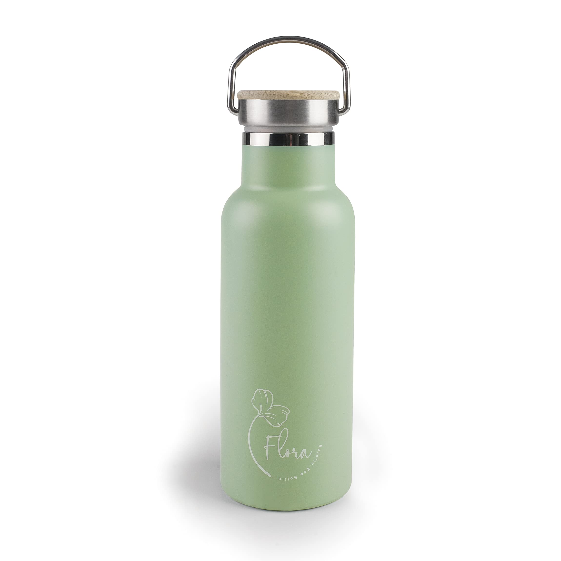 Lacor - 62556 - Stainless Steel Flora, Water Bottle, Double Wall Insulation, Wooden Stopper with Hanging Ring, BPA Free, Capacity: 0.5 L, Green