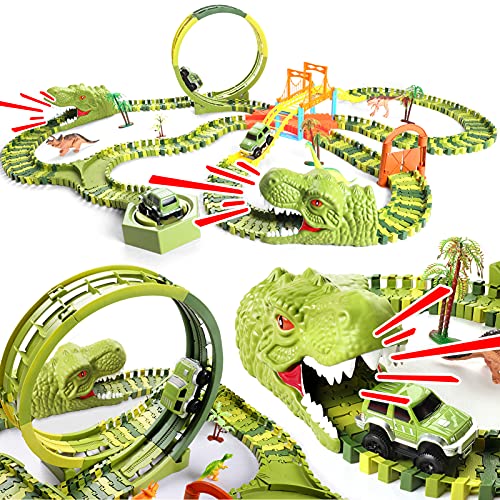 Dinosaur Race Car Track Toys, 320 pcs Create Dinosaur World Race 2 Cars, Flexible Tracks with 360 Loop and Turntable Playset, 2 Sounding Dinosaur Head, Gift for Kids Ages 3 4 5 6 Year Old Boys Girls