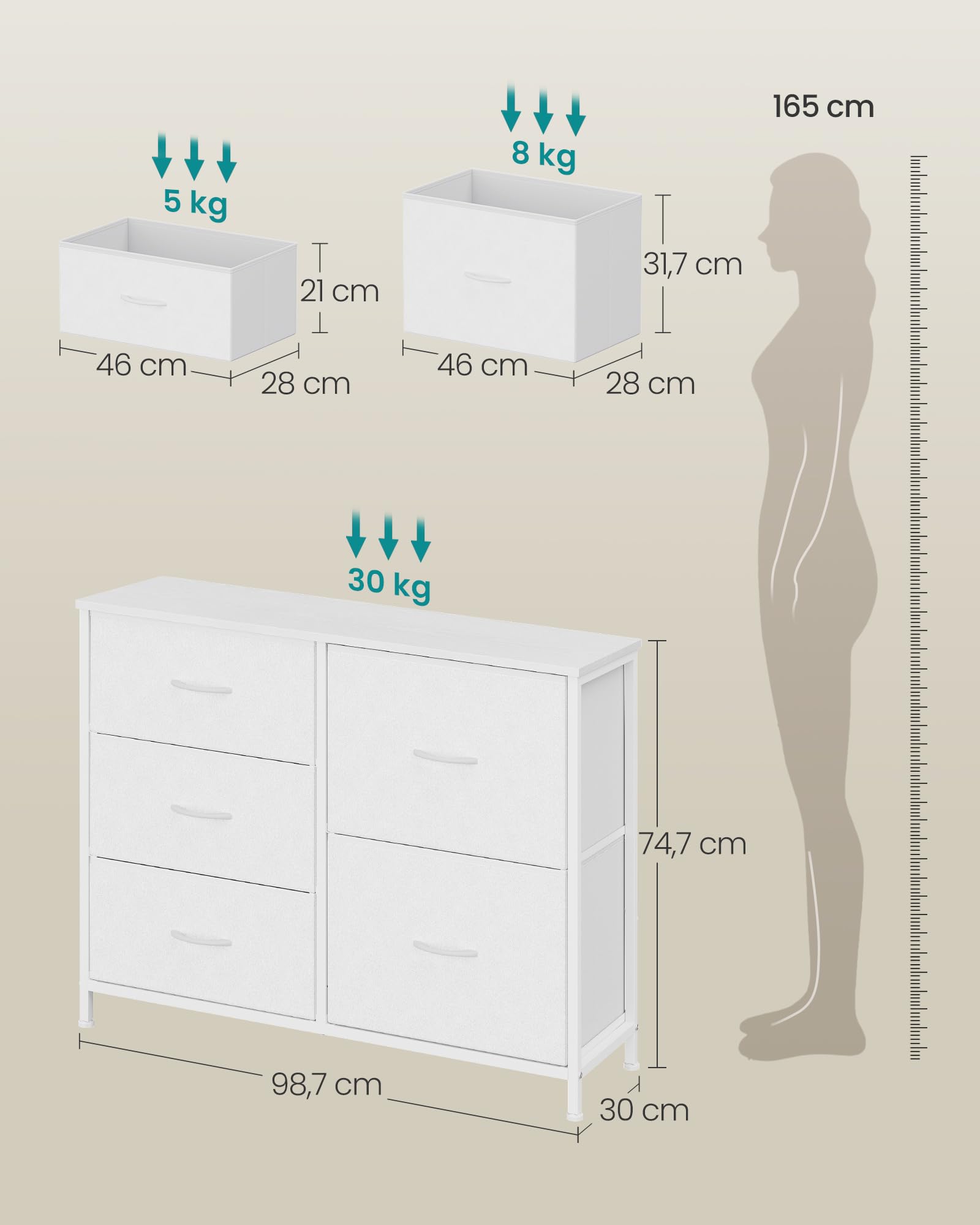 SONGMICS Cassettiera con 5 Cassetti in Tessuto, Struttura in Acciaio, Mobiletto Portaoggetti, 98,7 x 30 x 74,7 cm, per Camera da Letto, Soggiorno, Bianco Nuvola, Collezione Bellah LGS235W101
