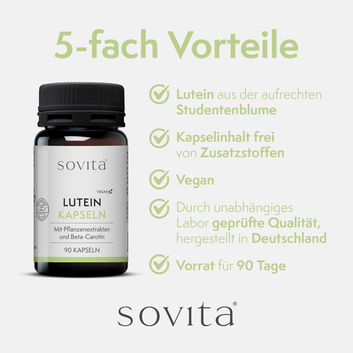 sovita Lutein Kapseln für Augengesundheit mit Beta-Carotin & Pflanzenextrakten | Tagetes & Heidelbeer-Extrakt für Sehkraft & Zellfunktion | Nahrungsergänzung | 270 Kapseln