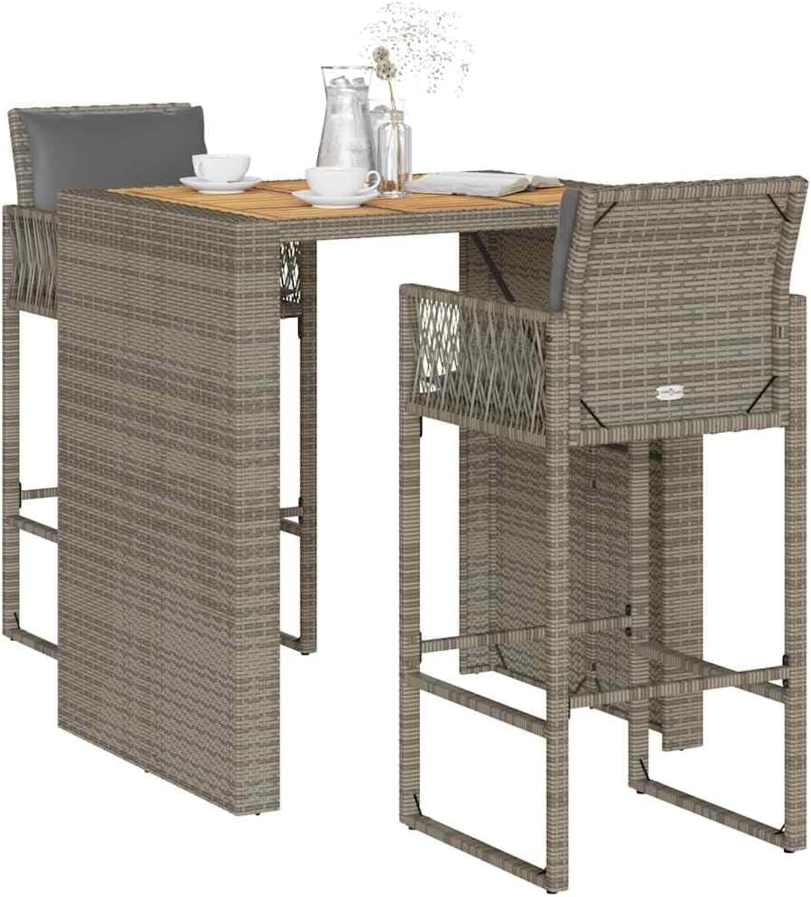 Garden Bar Table Set, Acacia Wood Outdoor Furniture - Patio, Chairs, Deck & Balcony Bistro Sets, Gray PE Rattan