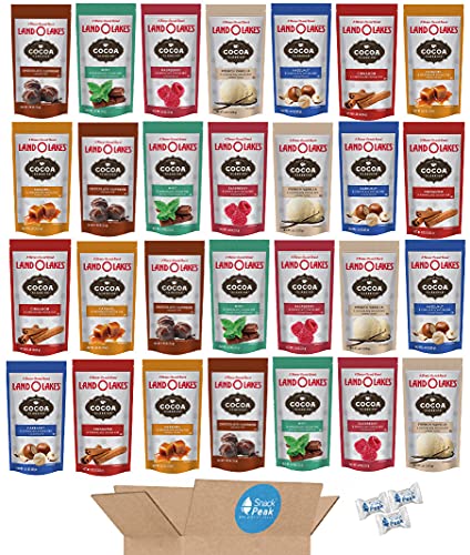 Land O Lakes Hot Chocolate Snack Peak Variety Gift Box (28 packages) â€“ Caramel, Chocolate Supreme, Cinnamon, French Vanilla, Mint, Hazelnut, and Raspberry