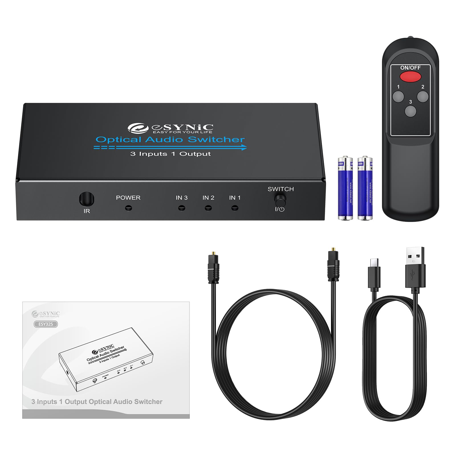 ESYNiC 3X1 Switch Toslink SPDIF con IR Telecomando e USB-C Cavo, Switcher Commutatore Audio Digitale Ottico 3 Ingressi 1 Uscita con Cavo Ottico, Supporta LPCM 2.0 DTS e Dolby AC3 Funziona Memoria