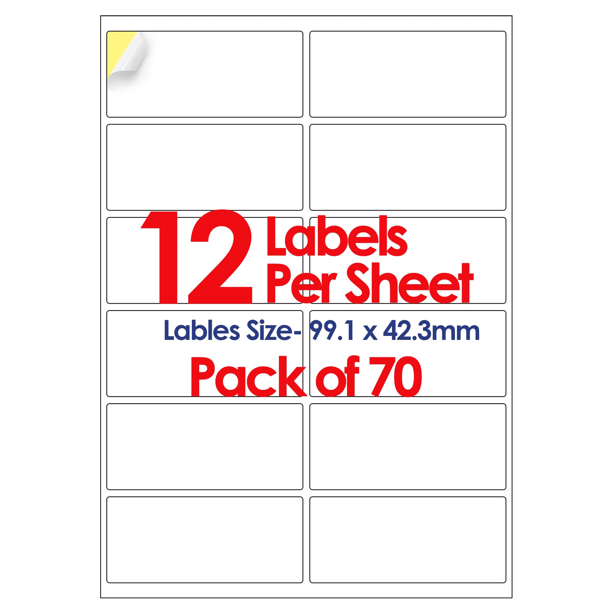 YUNJU A4 Self Adhesive Address Labels, 12 Label Per Sheet, 70 Sheets, Self Adhesive Quick Dry Labels for Inkjet & Laser Printer [63.5 x 72mm] 840 Label