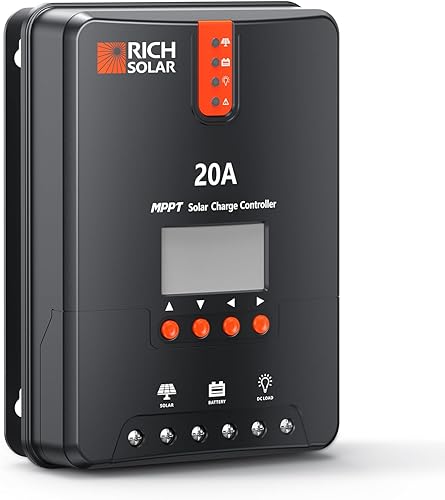 RICH SOLAR Controlador de carga solar MPPT de 20 amperios, 12 V24 V CC con pantalla LCD, regulador de panel solar para gel sellado inundado y