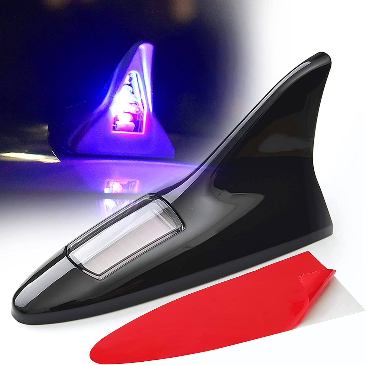 Overa LED Antenna Shark Fin Light, Universal Car Shark Fin Roof Antenna LED Warning Light for Most Cars SUV Truck Van Shark Fin Light Solar Rechargeable Shark fin Modified Antenna (Black)-image-5