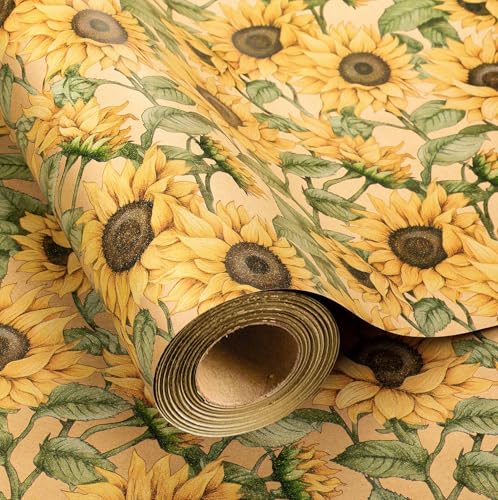 MAYPLUSS Kraft Sunflowers Gift Wrapping Paper - Vintage Elegant Sunflowers Floral Gift Wrap Paper for Women Birthday Christmas Baby Shower Mothers Day Thanksgiving Holiday - 17 Inches X 16.5 Feet