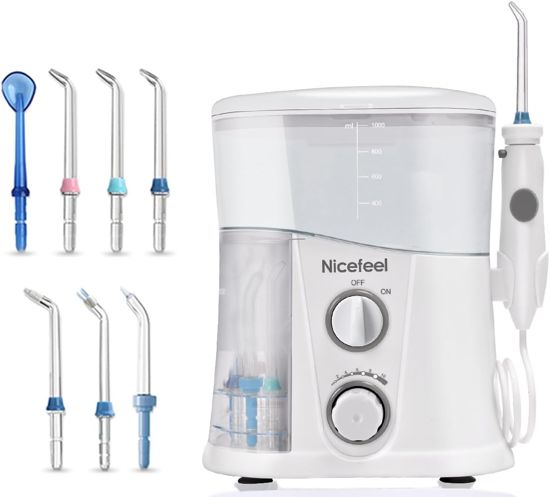 Nicefeel Electric Dental Water Flosser 1000ml Capacity Quite Design（50db） Anti-leakage Professional Countertop Dental Oral Irrigator with 7 Multifunctional Tips for Adult and Kids