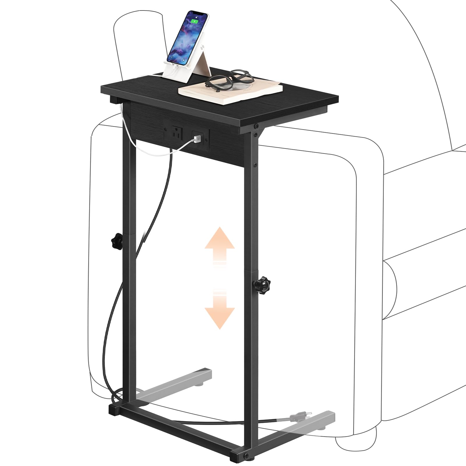 HOOBRO C-Shaped End Table with Charging Station, Adjustable Height Sofa Tray Arm Table, Slide Under Couch Table, Small C Side Table for Small Space in