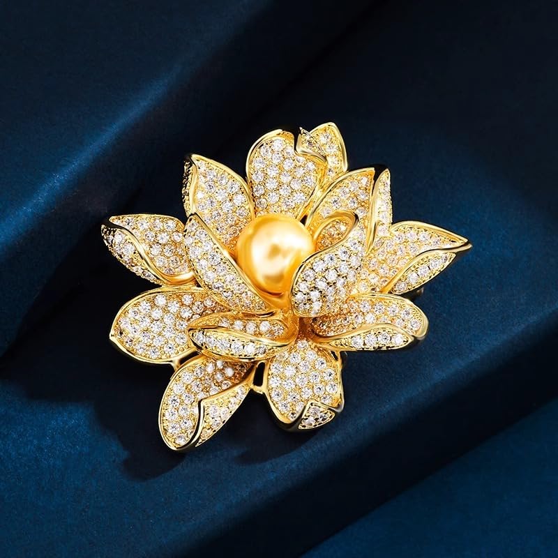 Image of Elegant Floral Brooch Pins for Women, Crystal Pearl Rhinestone CZ Flower Lapel Pin Wedding Party Exquisite Brooches and Pins for Women Ladies