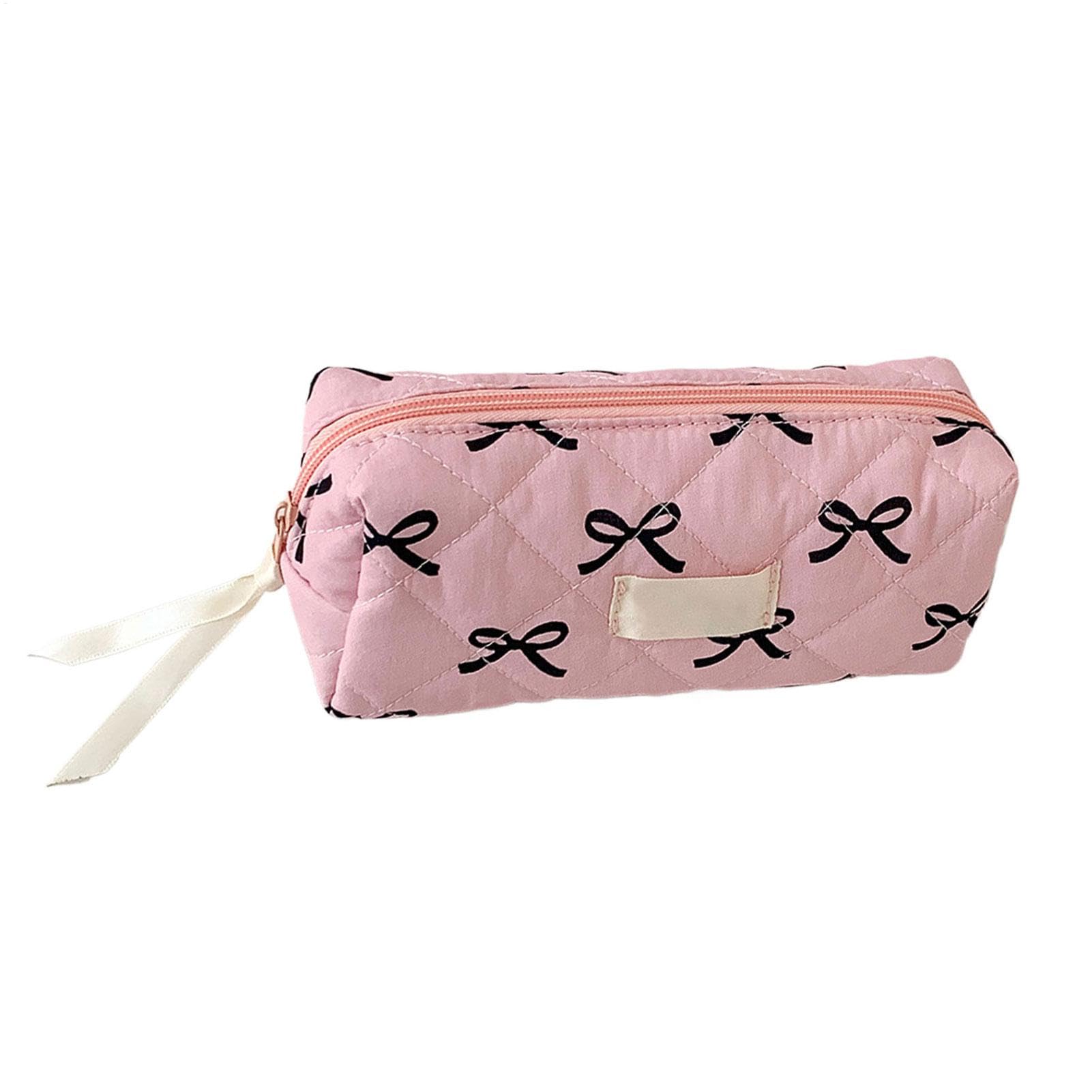 Bow Pencil Pouch, Bow Pencil Case, Bow Makeup Bag, Quilted Pencil Pouch with Zipper, Lovely Storage Case Bags, Portable Pencil Makeup Brush Bags for Home, School, Travel, Studio, 19.5x7x9 CM