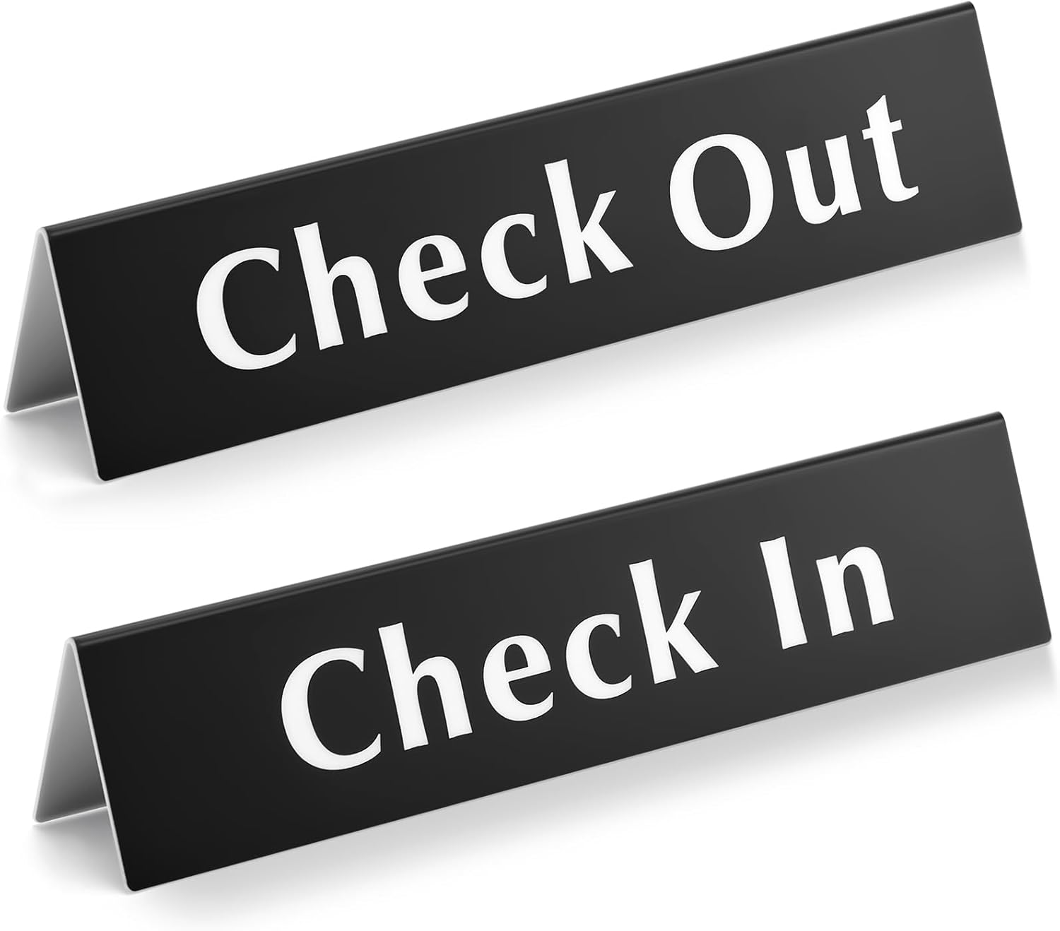Teenyyou 2 Pcs Check In Check Out Sign 2" x 9" Reception Desk Lobby Counter Signs Acrylic V Shaped Table Top Laser Engraved Counter Signage for Hotels, Resorts, Events