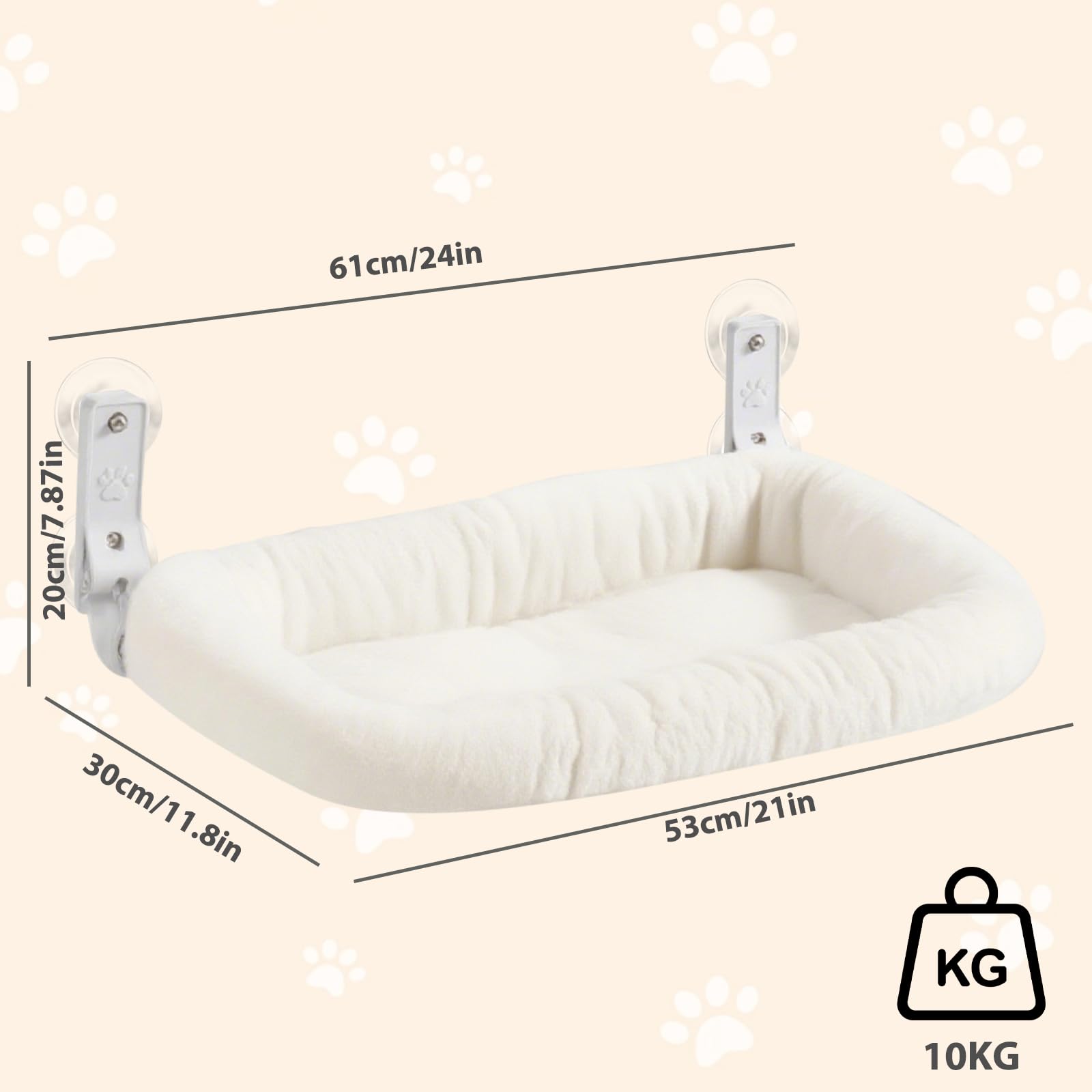 Cordless Hamac pour chat, chaise longue avec ventouses et rembourrage en tissu double face amovible, pliable, pour chat, fenêtre, perche, jusqu'à 15 kg, pour fenêtre et mur, 30 x 52 cm, blanc