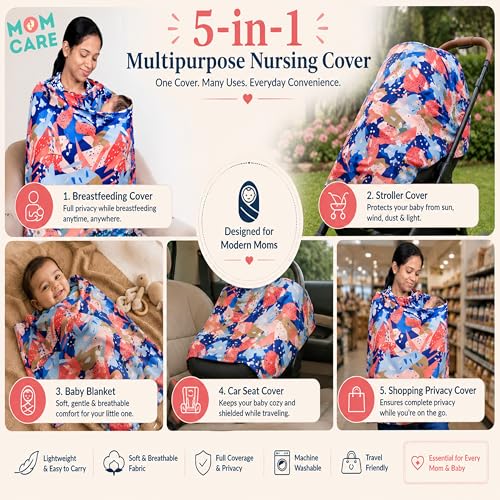 Image of MOM CARE Cotton Nursing Cover for Breastfeeding | Feeding Apron for Moms with Adjustable Neck Strap | Full Coverage Breastfeeding Cover | Multipurpose Baby Feeding Cover | Red