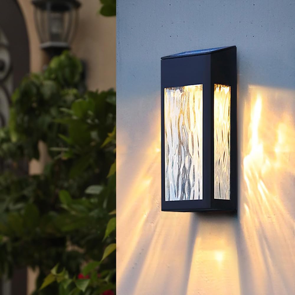 LED Solar Dusk Till Dawn Security Lights Zewnętrzny ganek Patio Latarnia ścienna Kinkiet ze szkłem wodnym 3200K Ciepłe bezprzewodowe światło słoneczne Nowoczesna czarna lampa domowa do ogrodzenia
