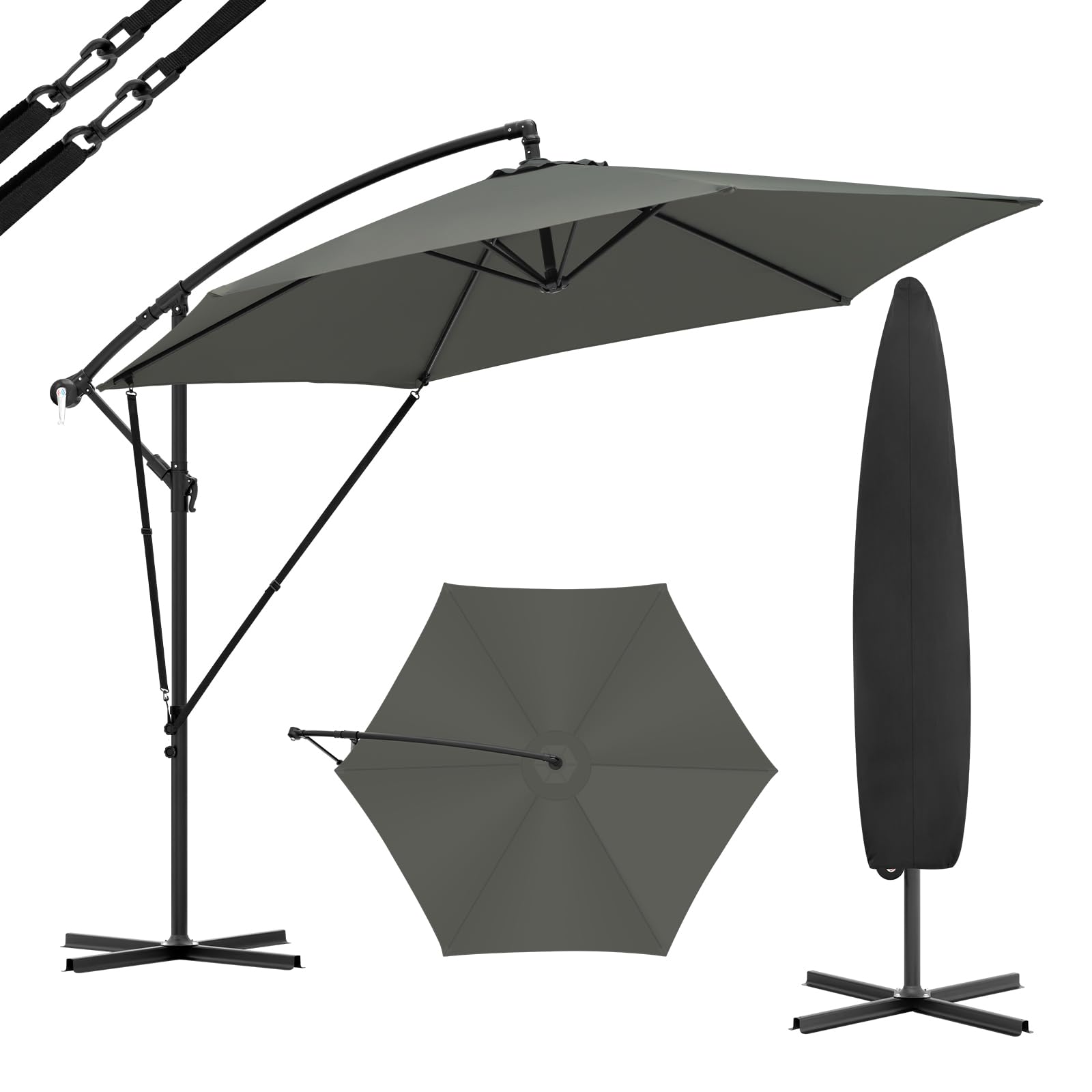 WOLTU Ampelschirm Sonnenschirm Ø310 cm & Kurbelvorrichtung Kurbelschirm mit Schutzhülle und Ständer, Gartenschirm Sonnenschutz UV-Schutz | Wasserdicht 360° Grad Drehbare Marktschirm, Dunkelgrau
