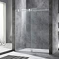 WOODBRIDGE Frameless Sliding Shower Door, 44" - 48" Width, 76" Height, 3/8" (10 mm) Clear Tempered Glass, Brushed Stainless Steel Finish, Designed For Smooth Door Closing. MBSDC4876-B