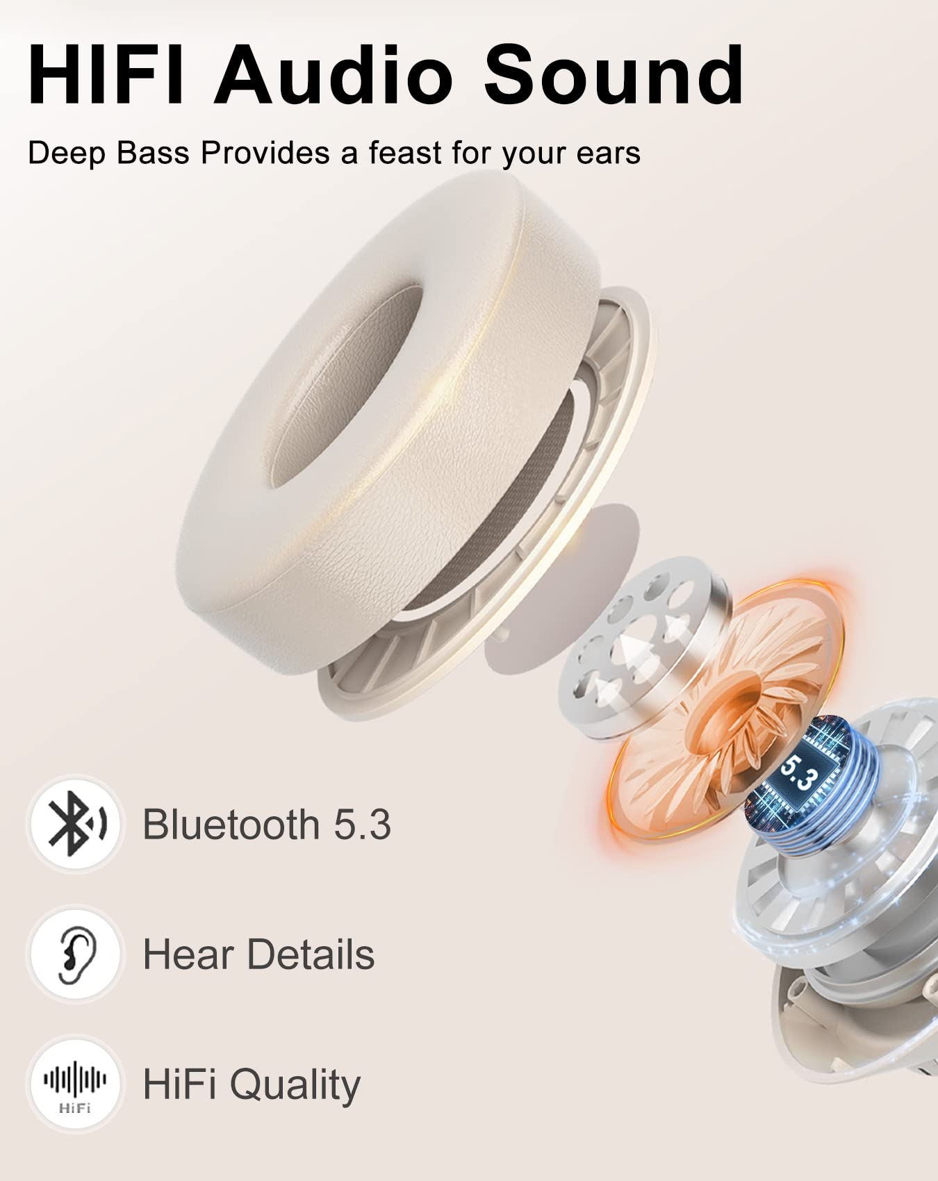 Cuffie wireless Bluetooth over-ear, 40 ore di riproduzione, cuffie wireless con microfono, cuffie pieghevoli leggere con suono stereo Hi-Fi, per viaggi e lavoro (beige)