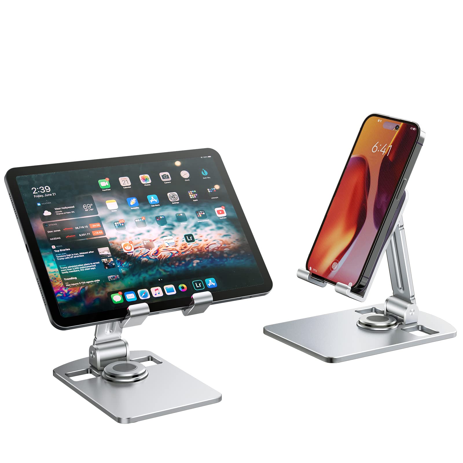 nediea Cell Phone Stand for Desk, Foldable Mobile Phone Stand, 360 Degree Rotation Aluminum Phone Holder, Compatible with iPhone, Suamsung, and Other 4-12.9 Inches Smartphones and Tablets (Silver)