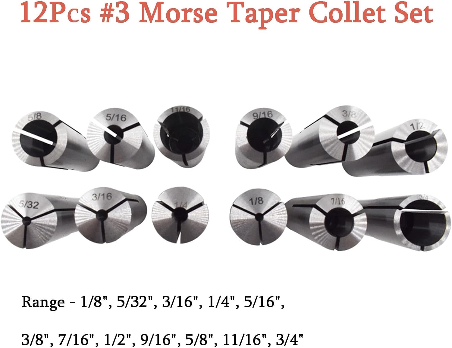 kimllier 12Pcs 3 MT Collet Set 1/8-3/4Inch with 3/8 Inch -16 Threaded Back for Drawbar Fit for Machining Turning (MT3 3MT)