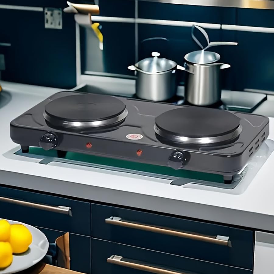 Placa eléctrica de doble quemador, placa eléctrica portátil de 2000 W con elementos calefactores dobles y control de temperatura ajustable para el