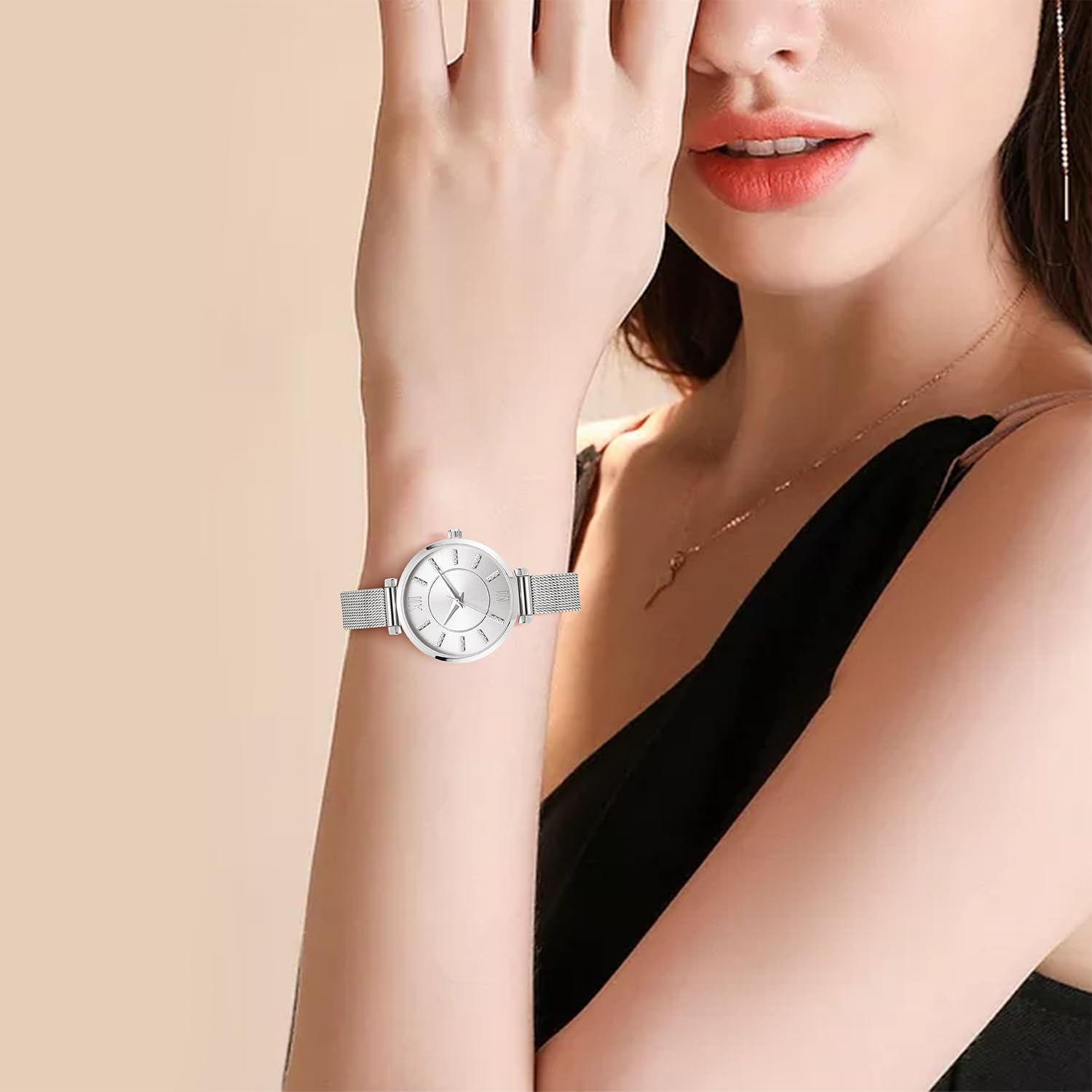 NUOVO Orologio argento con cristallo diamante, doppia fibbia di sicurezza, cinturino in rete alla moda ed elegante, Argentato, Moderno