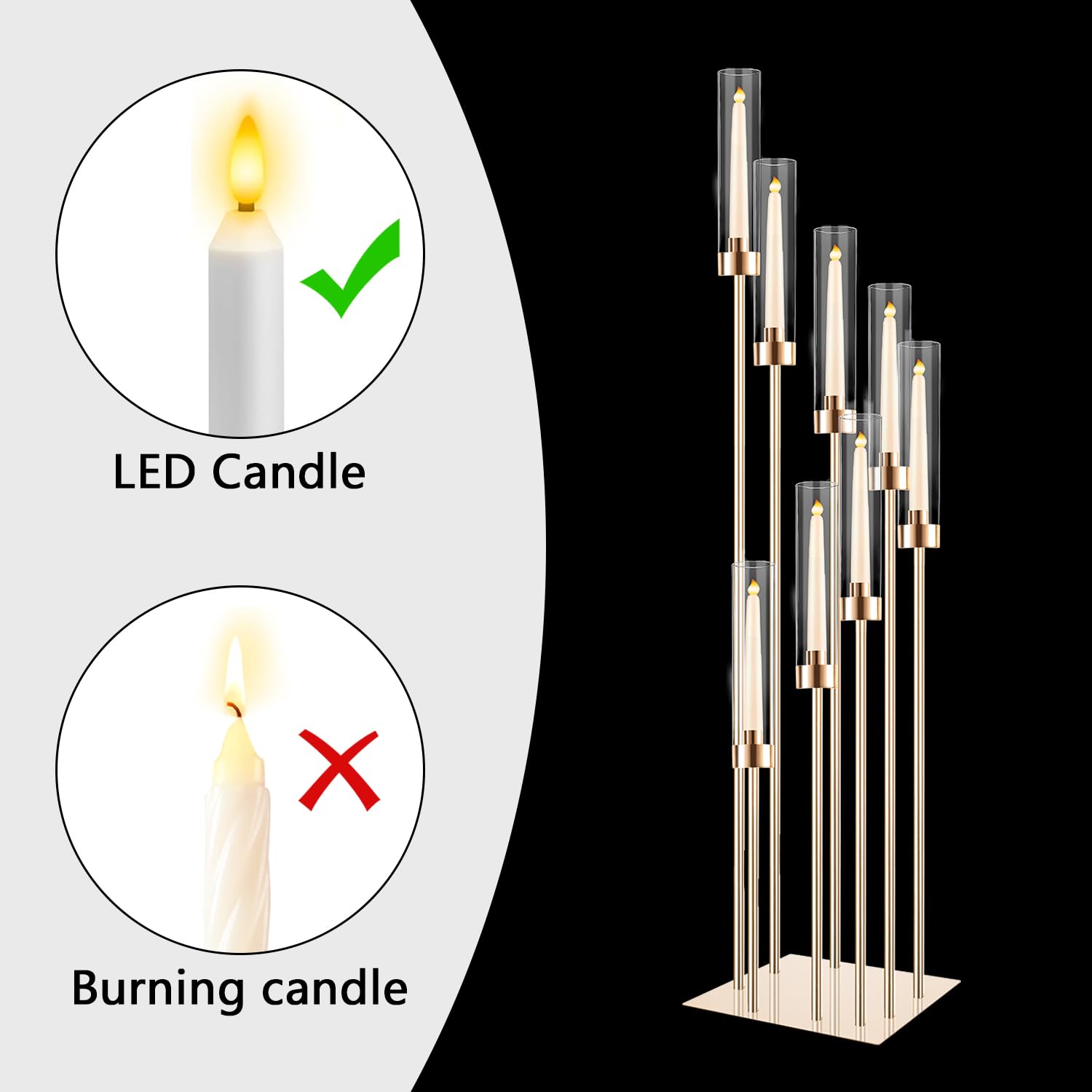 Bougeoir de sol avec abat-jour en acrylique, 125 cm de haut en acrylique pour bougies LED coniques, centre de table doré pour table, fête de mariage, événement, réception, décoration d'intérieur (doré